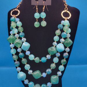 Triple Strand Green and Blue Beaded Necklace with matching Earrings